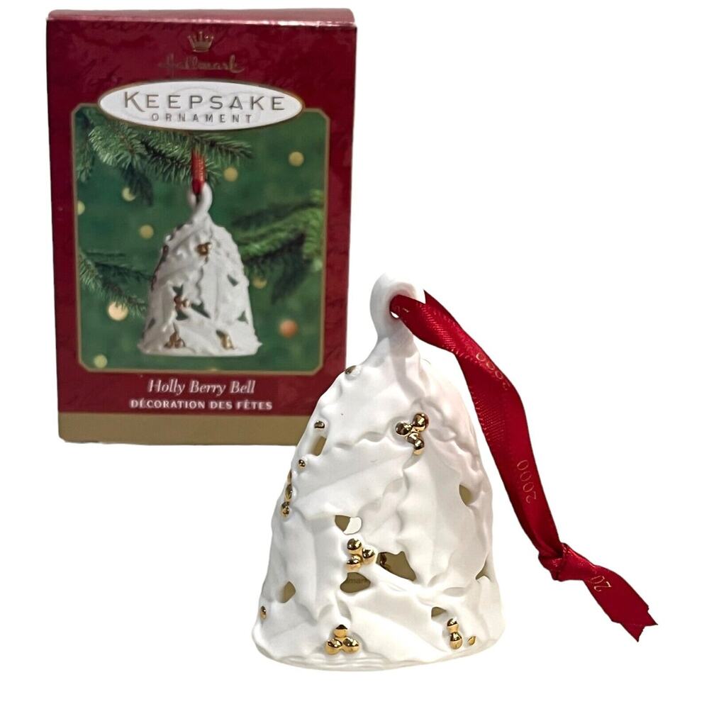 Hallmark Bell Ornament Holly Berry Porcelain 2000 Millennium White Gold Box New